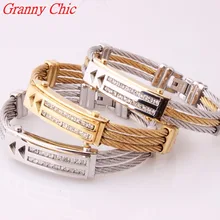 Granny Chic Silver Gold Color Wire Cable Bangle Men’s Crystal CZ Bracelets Bangles Fashion Stainless Steel Men Women’s Jewelry