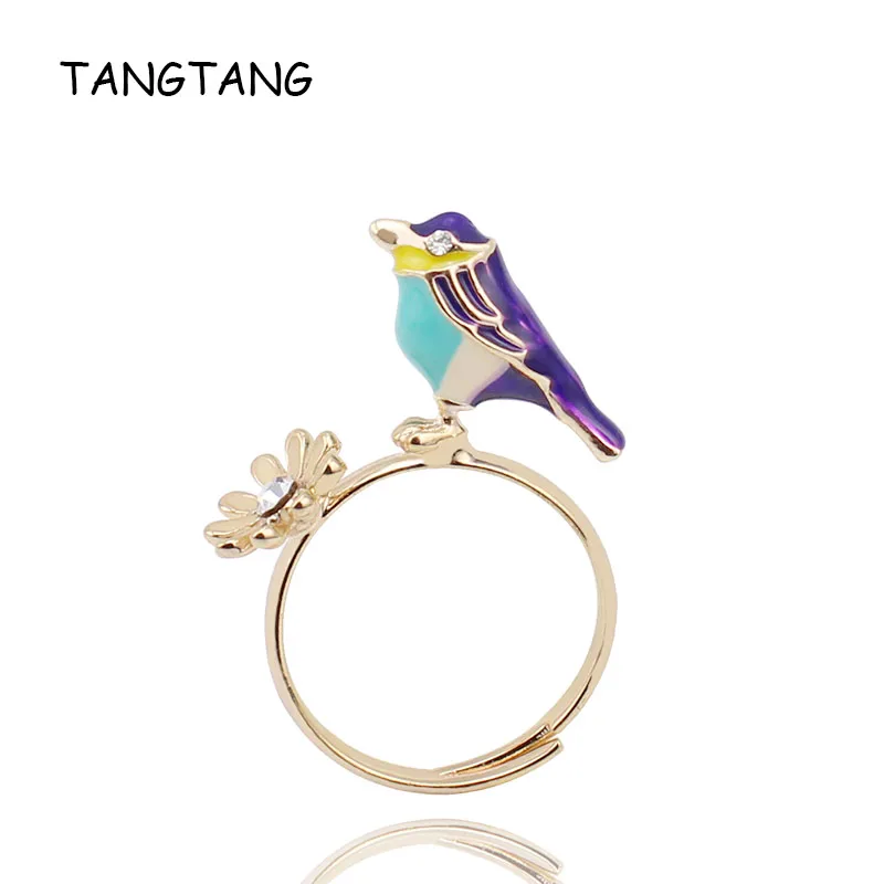 

Spring Multiolor Enamel Bird Standing On Rings With Flower Golden Jewelry Adjustable Rings For Girls Children, Item NO.: R5038