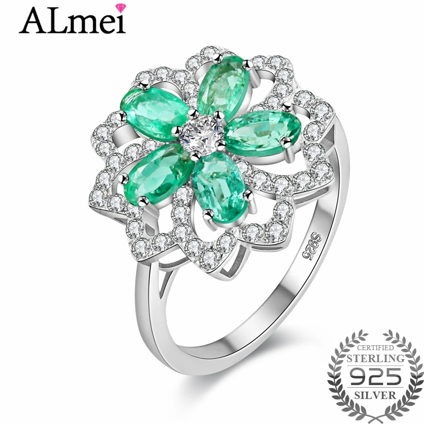 Almei 0.3ct Lotus Green Flower Emerald Bead Unique Wedding Engagement Rings 925 Sterling Silver Jewelry for Women with Box CJ034 | Украшения