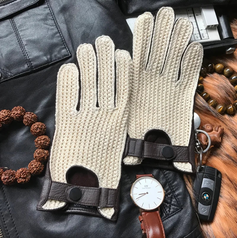 Mens Goatskin Leather Gloves Back Knitted Gloves Lambskin NEW Unlined Non-Slip Motorcycle Driving Gloves Male Leather Mittens