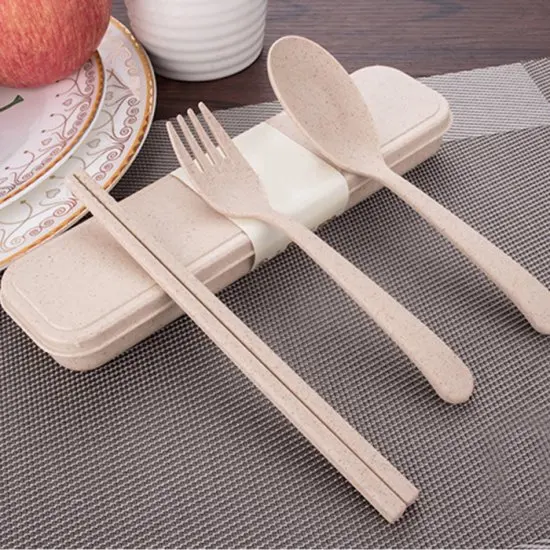 Portable Reusable Wheat Straw Spoon Fork Chopsticks Travel Cutlery Set
