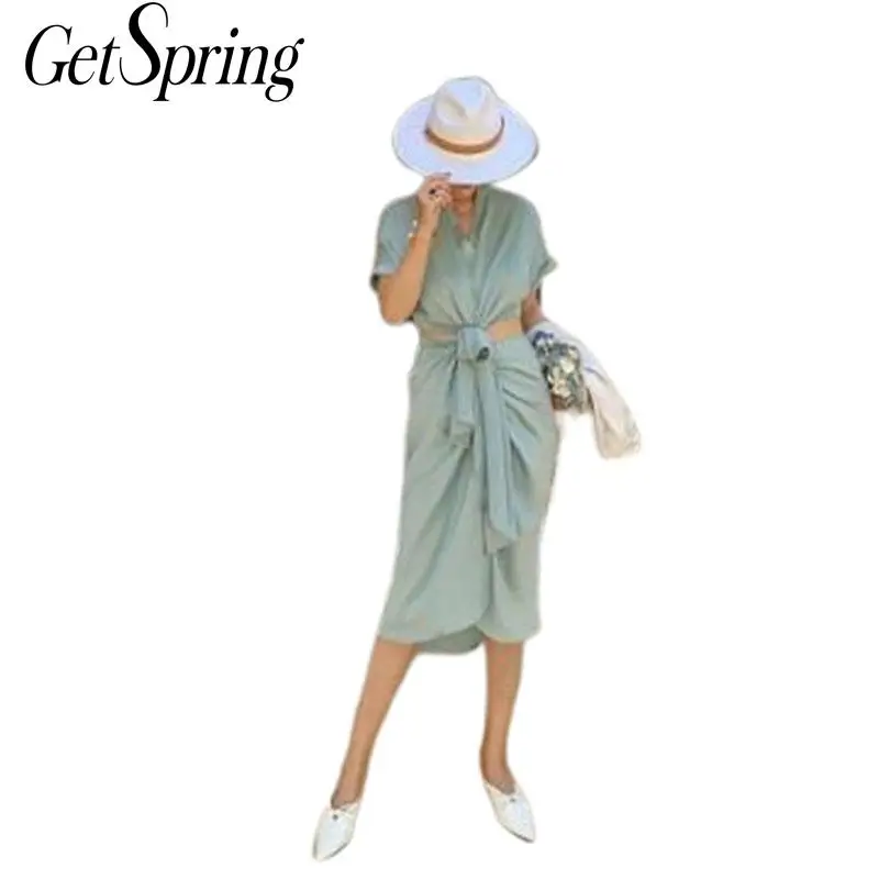 

GETSPRING Women Set Women Skirt Sets V-Neck Short Sleeve Short Tops High Waist Irregular Bandage Skirts 2 Piece Set Women 2019