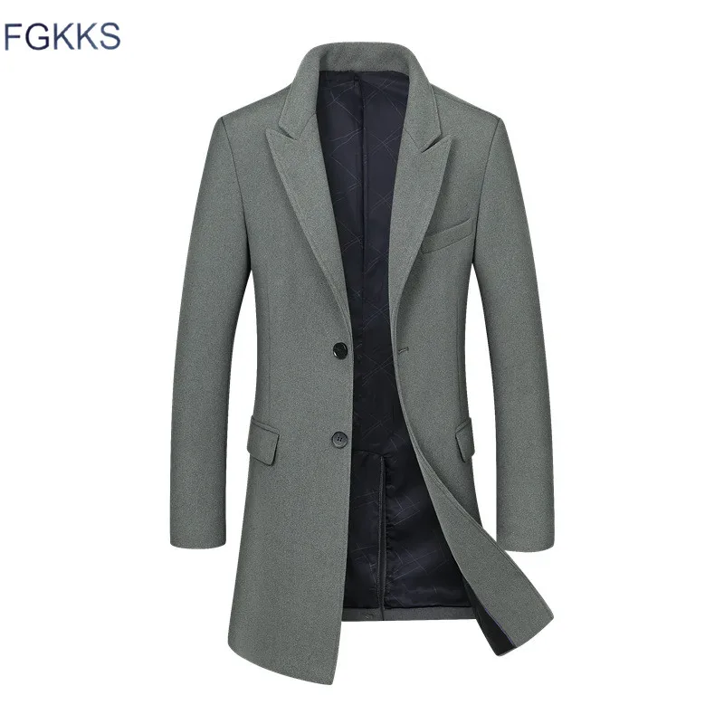

FGKKS Men Winter Wool Coat 2019 Men's New Fashion Solid Color Slim Fit Wool Blends Woolen Pea Coat Male Trench Coat Overcoat