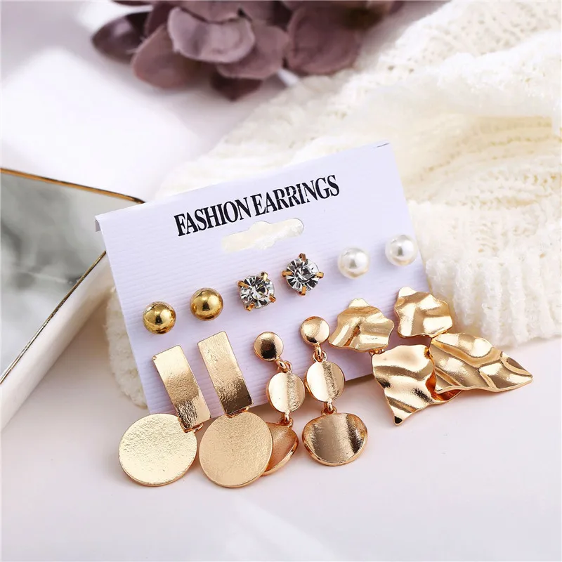 

LUBOV 6 Pairs/Set Gold Color Metal Pendant Drop Earrings Mini Rhinestone Imitation Pearl Piercing Earrings Luxury Women Jewelry