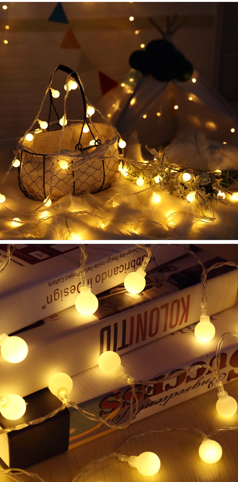 Светодиодный светильник с шариками для праздников, 6 м, 3M, 1,5 м, батарейки типа АА, теплый белый Сказочный свет для Рождества, свадьбы, вечеринки, украшения для дома
