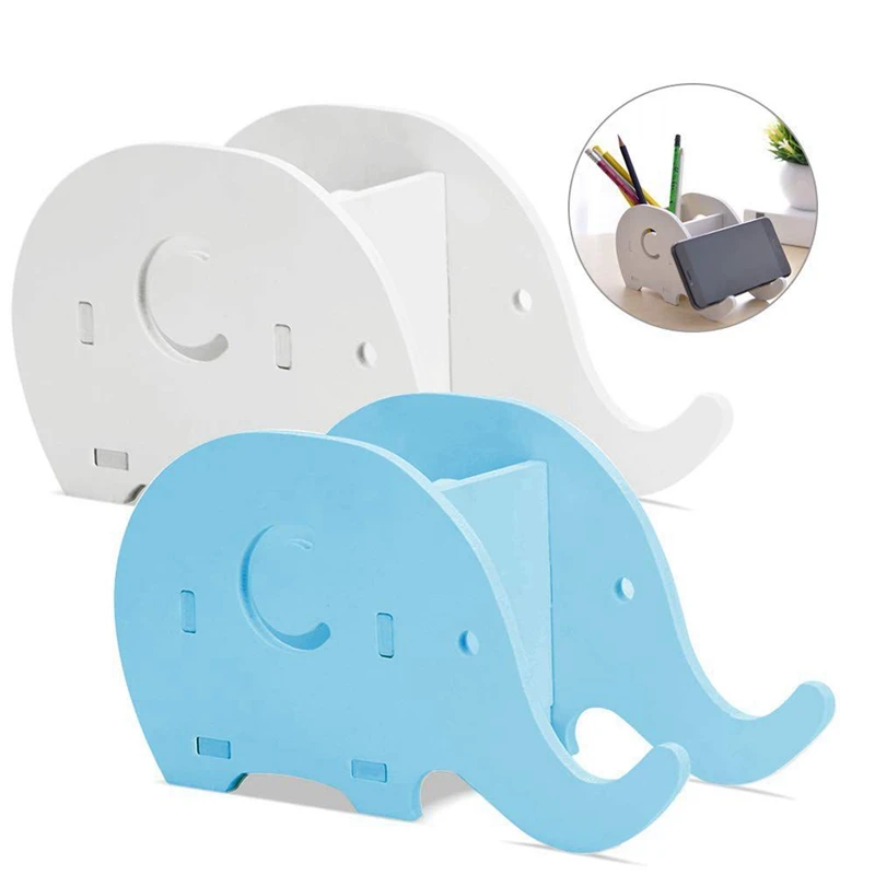 

2 Pieces Elephant Shape Desk Pencil Pen Holder,Wood Board Stationery Multifunctional Organizer with Cell Phone Stand for Offic