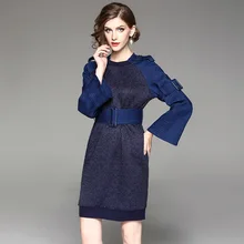 Europe 2018 Spring Autumn Women’s Fashion Sashes Belt Jeans Knitted Patchwork Personality O-Neck Dress Female Flare Sleeve Dress