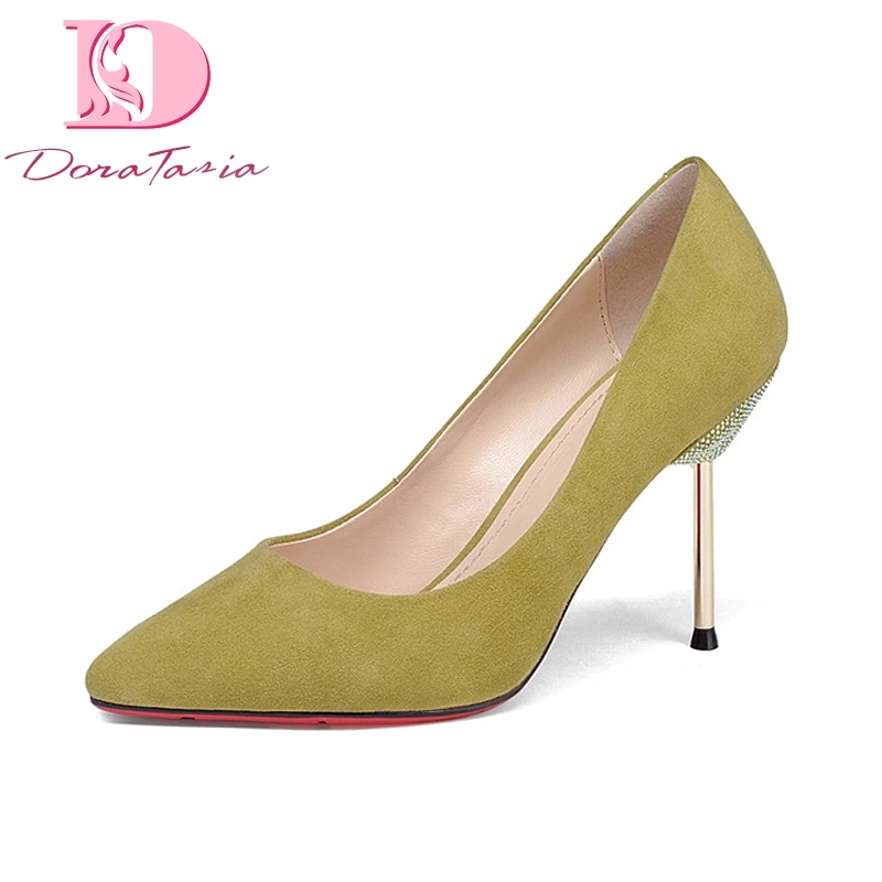 

DoraTasia New women's Kid Suede Thin High Heels Solid Pointed Toe slip-on Shallow Shoes Woman Casual Spring Pumps Size 34-39