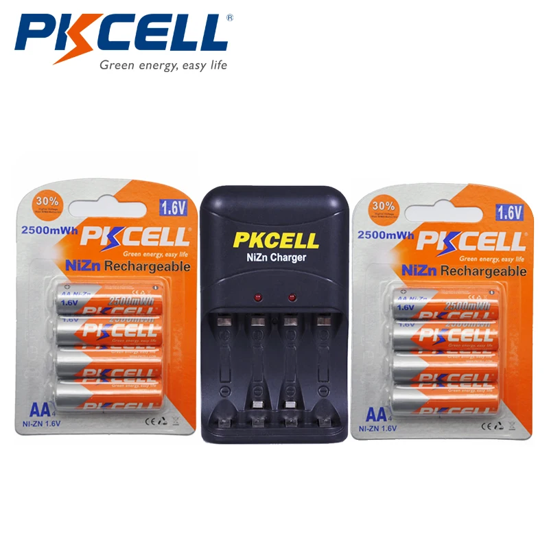 8Pcs/2Pack PKCELL NIZN AA Rechargeable Batteries NI-Zn 1.6V Volt 2500mWh AA Batteries +1Pcs AA/AAA NiZn Battery Charger