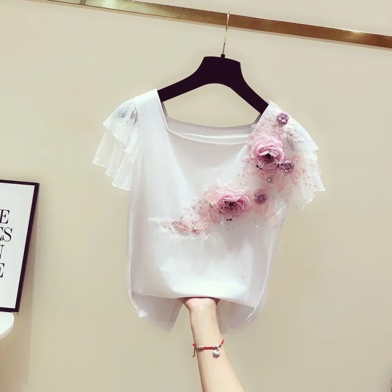 

2019 New Summer Fashion Square Collar Patchwork Lace Short Sleeve Women Tshirts Loose Flower Embroidery Students Cotton Top