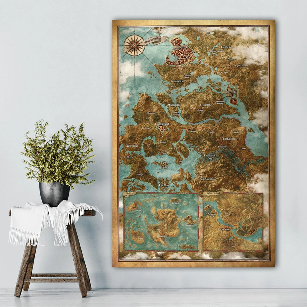 inch nz 12x18 frame Witcher Vintage Canvas Hunt Game Map Art 3wild Painting
