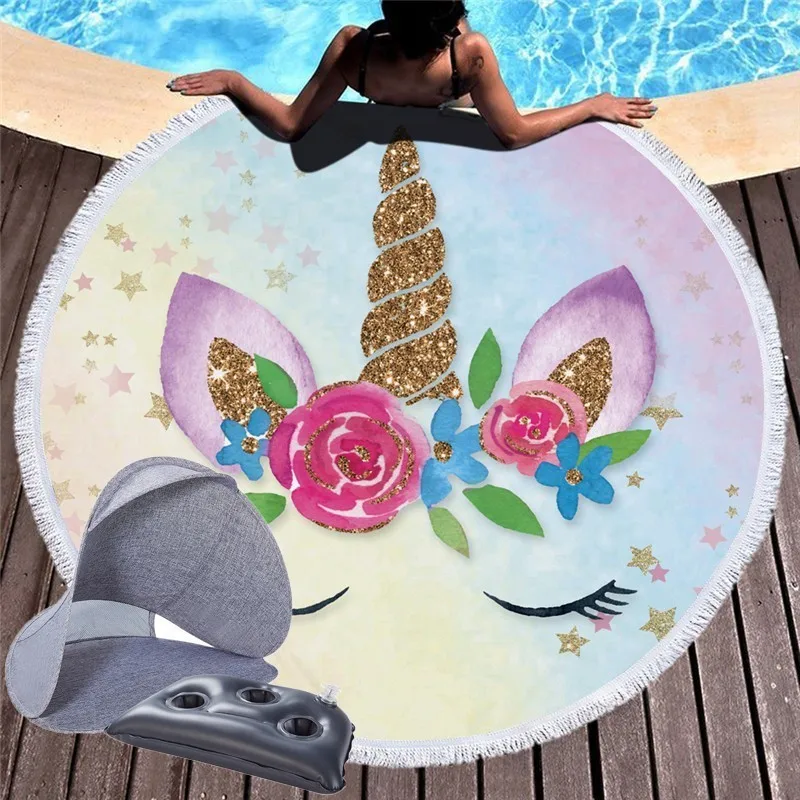 

Unicorn 150CM Round Beach Towel with Drawstring Storage Bag Outdoor Yoga Sport Towel Summer Beach Accessories