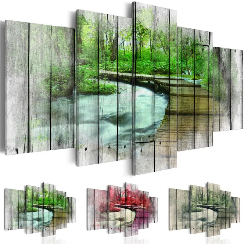 

Modern Wall Art 5 Pieces Nordic Poster Wooden Trestle River Forest Canvas Painting Wood Background Decoration Picture Home Decor