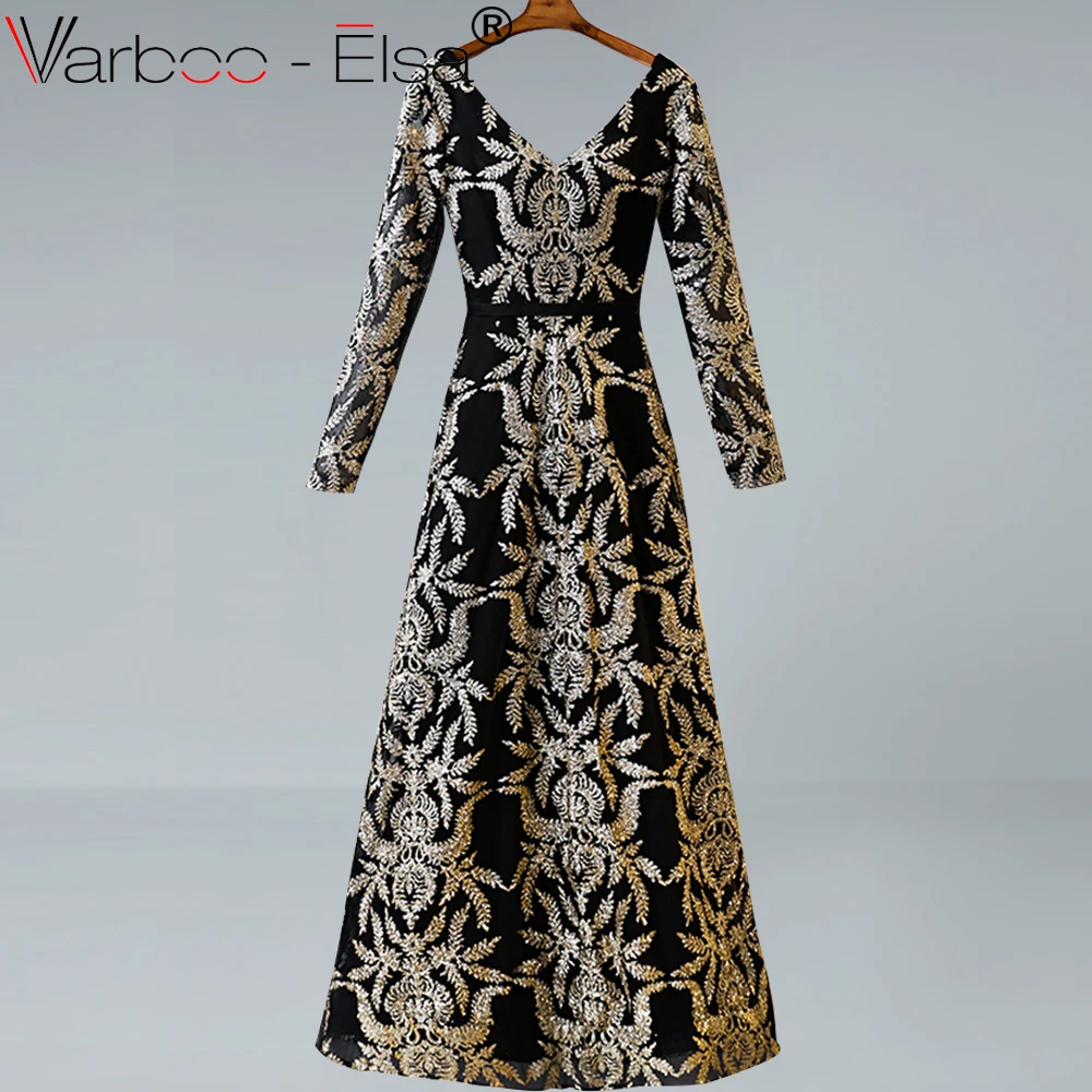 

VARBOO_ELSA Sexy V Neck black gold Sequined Long Prom Dresses 2019 Formal Party Dress luxury Arabic evening Dress in stock