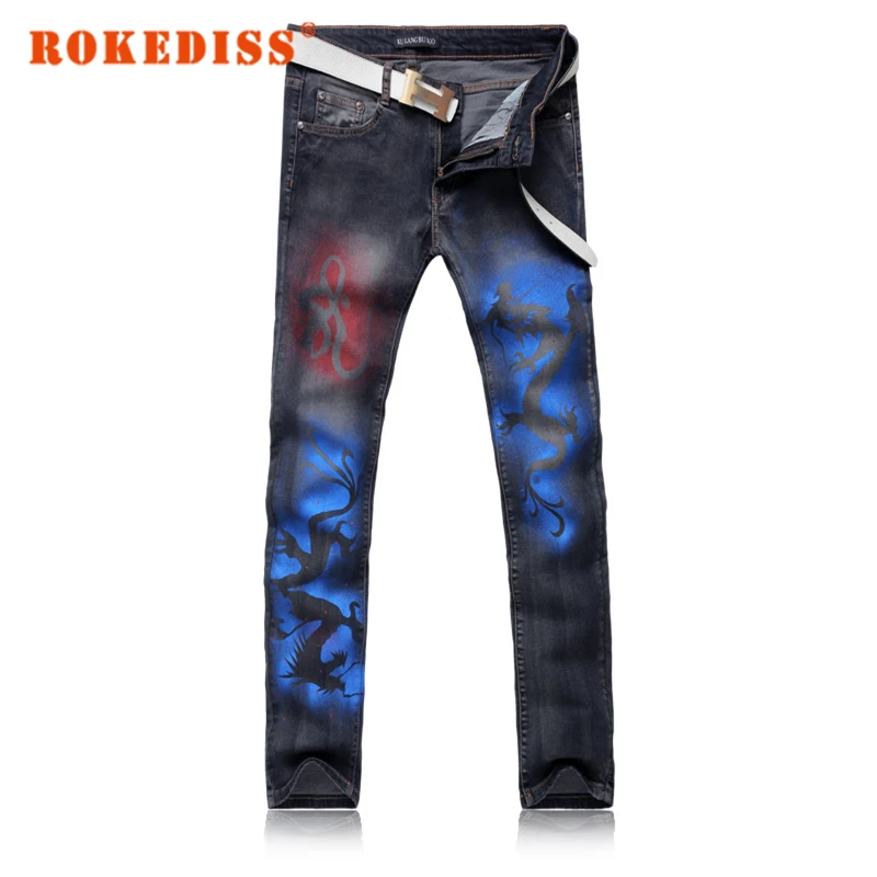 Fake designer clothes Indian dragon Men jeans straight Men s clothing Spring and summer models skinny