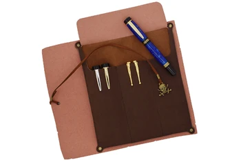 

Coffee leather roll up pen case with skull style RZ-LRPC-CO