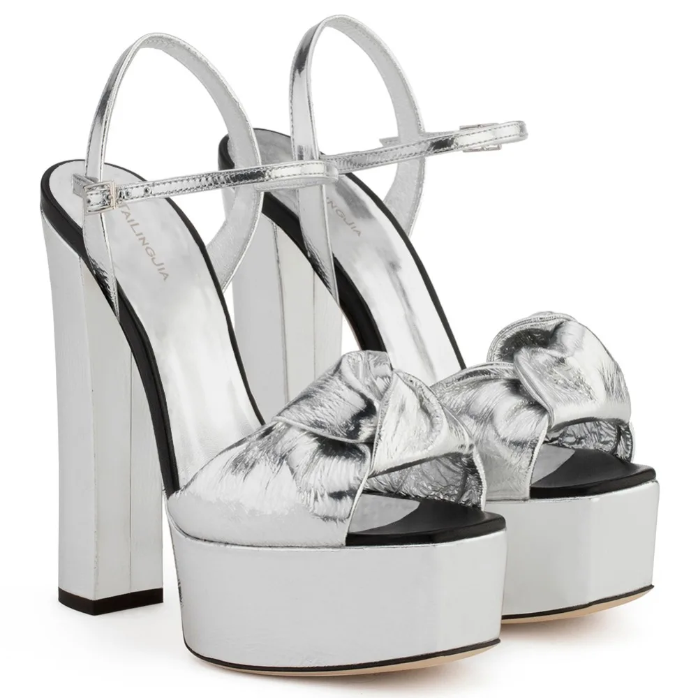 

Silvery Gold Patent Leather Platforms Women Knotted Super High Heel Sandals High Dress Heels Ladies Chunky Heel Summer Shoes