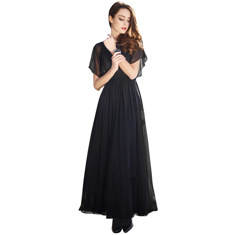 2016 New Plus Size Black Long Summer Dress See Through Batwing Sleeve Stretch Slim Fit Cinched