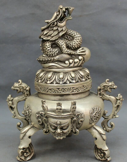 

JP S62 10" Tibet Silver Buddhist Dragon Statue Mahakala Buddha Incense Burner Censer