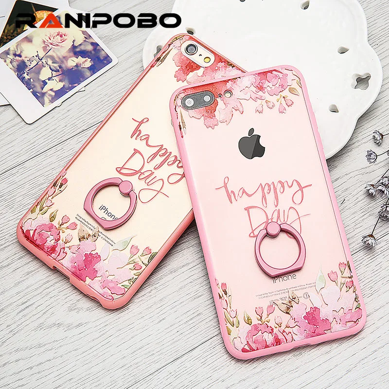 

PC + TPU Silicone Transparent Case For Apple iPhone 7 7Plus 6 6S Case with Metal Circular Ring Stand Flower Cover for iPhone 7