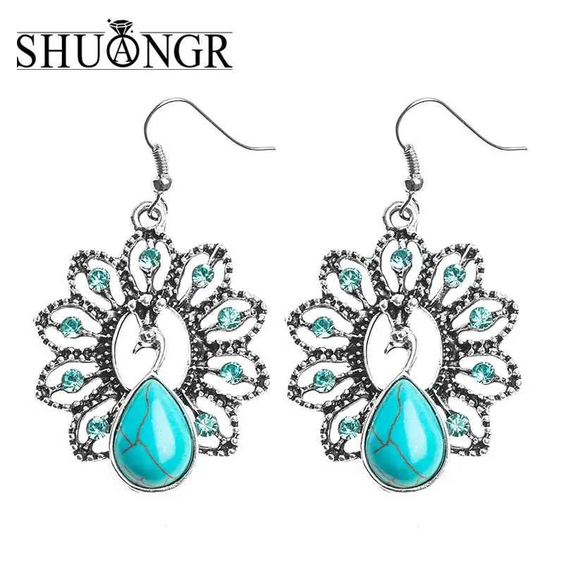 

1pair Jewelry Ethnic Vintage Tibetan Silver Natural Stone Mysterious Peacock Dangle Earrings