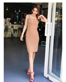 

New Style 2019 Summer Dress Fashion Sexy Elegant Sleeveless Spaghetti Strap Women V neck High Bodycon Quality Dresses Wholesale