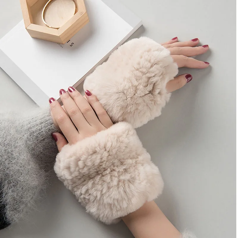 Buy Knitted Real Fur Gloves Women Fashion Fingerless