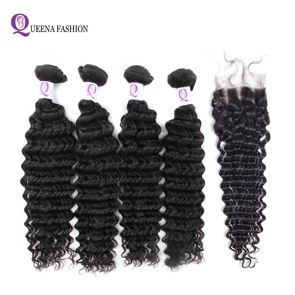 

4 Bundles Deep Wave With Closure Top Grade Cheap Peruvian Deep Wave Human Hair Bundles With Closure Natural Color Wet And Wavy