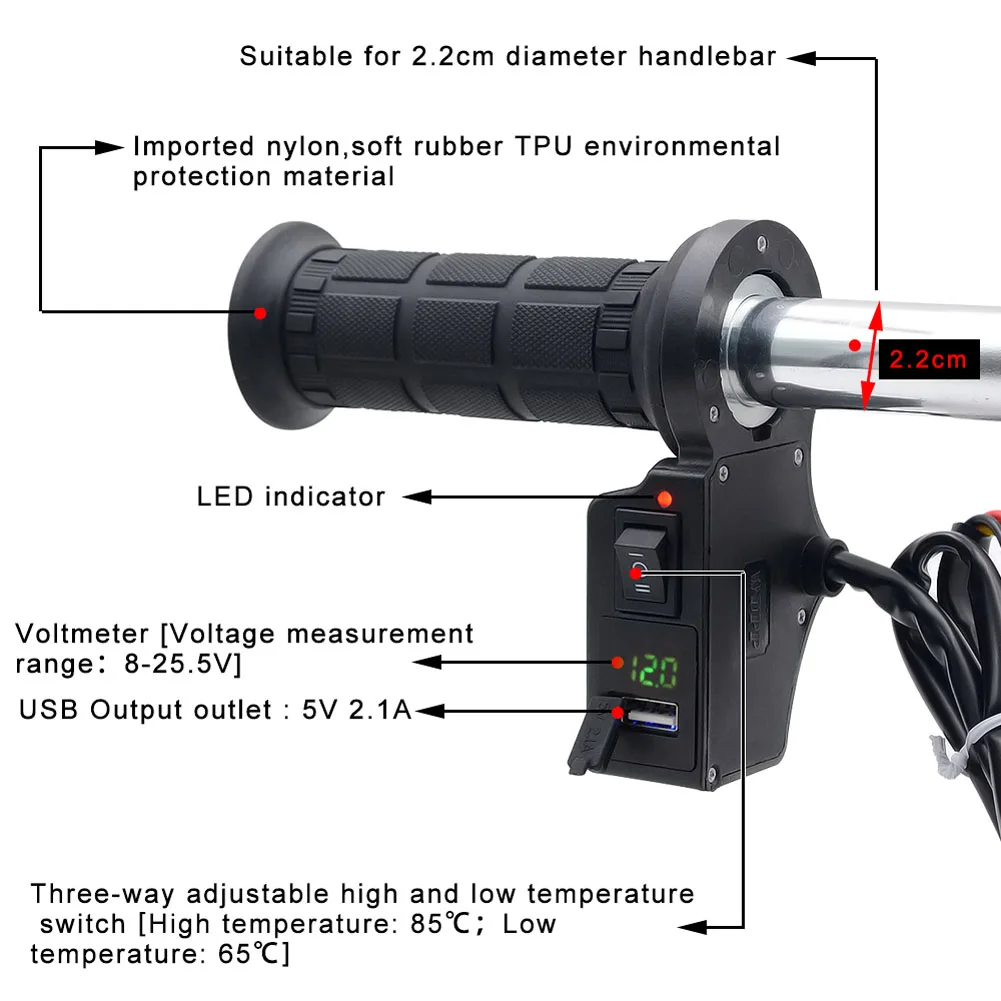 

3 In1 Motorcycle Handlebar Electric Hot Heated Grips Handle+Voltage +USB Charger Multifunction NJ88
