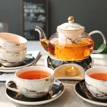 

10 pcs marble white and black ceramic tea set fruits flower european afternoon tea set :1 pot 1 burner 4 cups 4 saucers