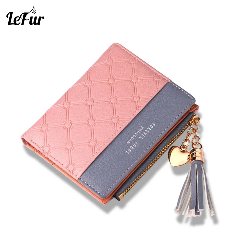 

LEFUR Zipper Tassel Short Women Wallets Female Patchwork Leather Trifold Slim Lady Wallet Clutch Small Plaid Women Coin Purses