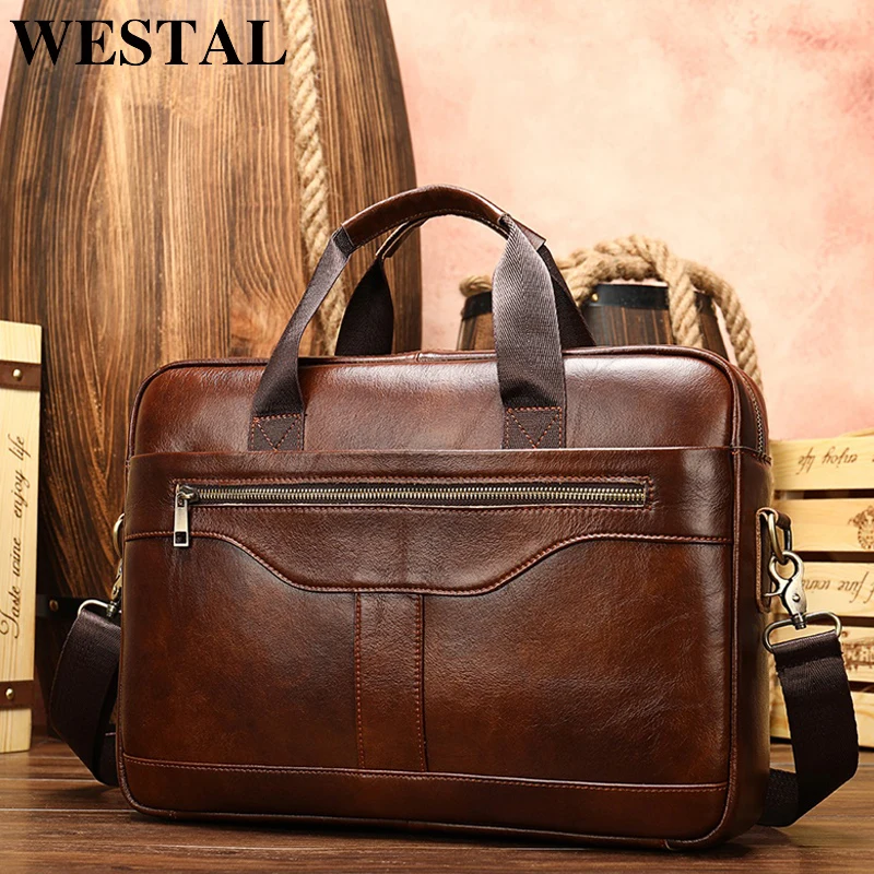 WESTAL الرجال حقيبة الرجال حقيبة جلد طبيعي حقيبة لابتوب 14 مكتب/وثيقة أكياس للرجال الأعمال حقائب اليد 8572