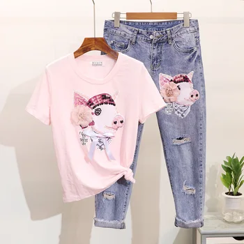 

Spring Summer Women Set Beading Cartoon Sequin Short-sleeve T-shirt Jeans Pants Two Piece Suit Denim Pants Tee Shirt Femme 2pcs