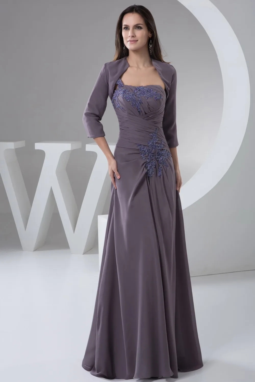 long sleeve prom dress with Lace One Shoulder,With Jacket Chiffon grey