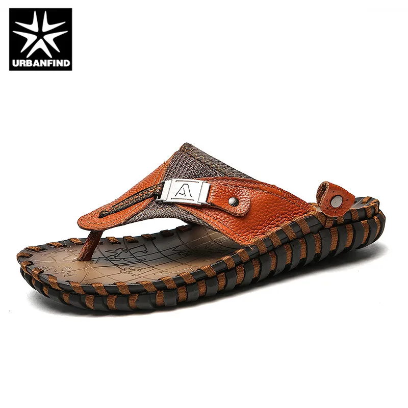 

URBANFIND New Men Leather Slippers Summer Sandals Shoes Plus Size 38-48 Sewing Design Male Casual Flip Flops Black Brown Colors