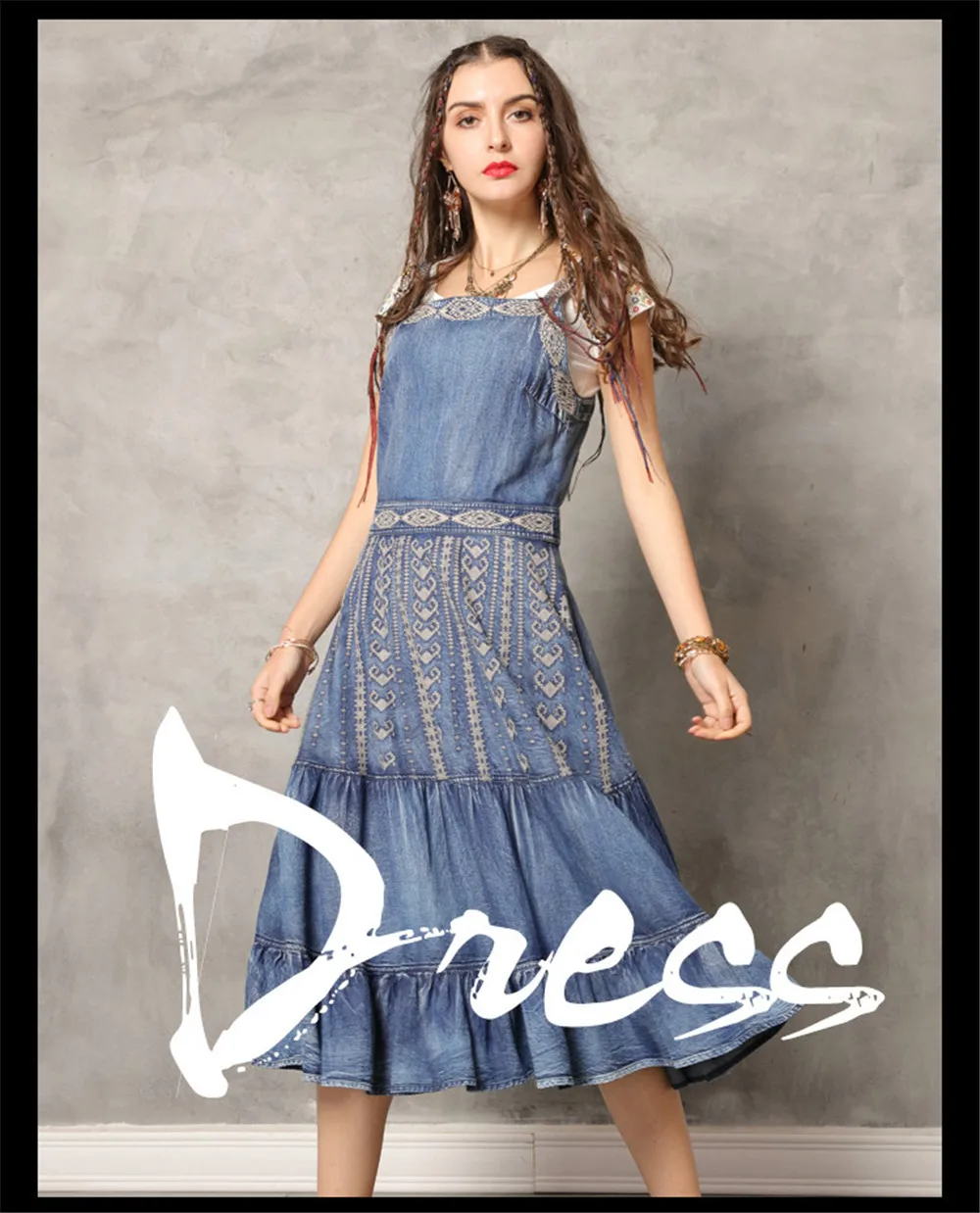 Vintage Summer Denim Dress 2019 Woman Dress Slash Neck Sleeveless  Embroidery Ruffles Hem Dresses K82139 Women Vestidos (1)