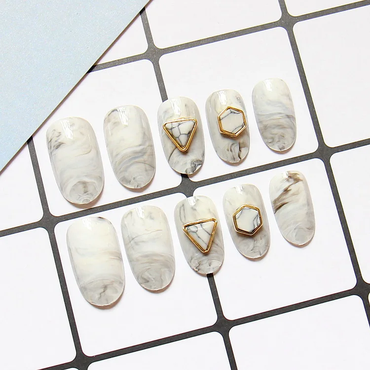 

24Pcs Marble Style Fake Nails Oval Long Artificial Golden Triangle Nail Tips Full Cover False Nails Faux Ongles for Home Office