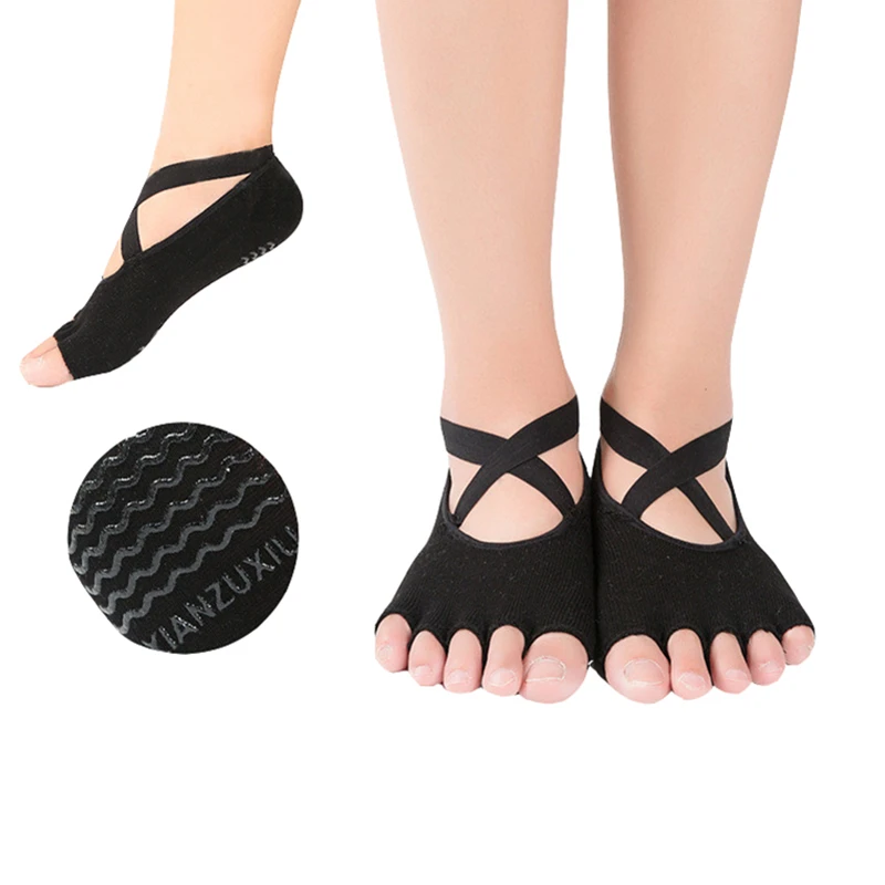 1 Pair Women Professional Cotton Yoga Socks with Cross Belt Open Toe