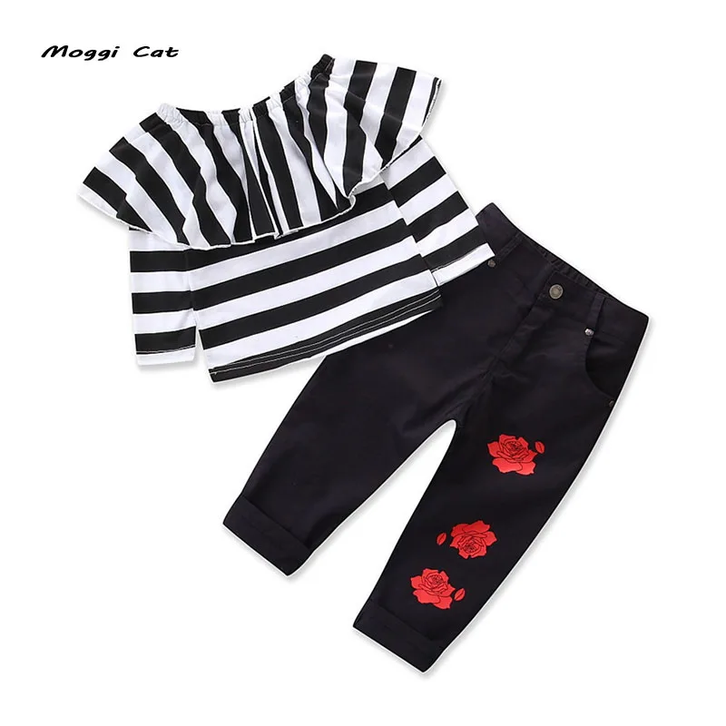 

Moggi Cat 2019 Girls Clothing Sets Spring Autumn Off shoulder Striped T Shirt+Rose Print Black Pants Girls Cloth Sets
