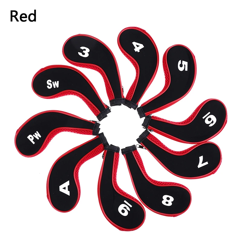 Аксессуары для гольф-клуба из неопрена с принтом цифр на молнии, головной убор для гольф-клуба, защитный набор 10 шт - Цвет: RD