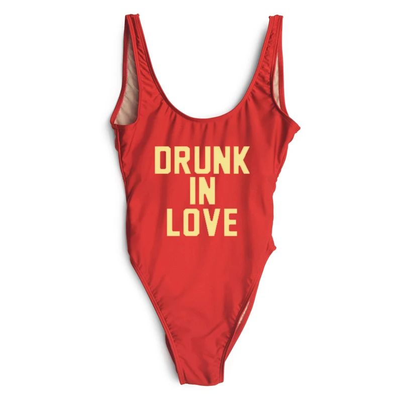 Женский слитный купальник с надписью DRUNK IN LOVE красный купальный костюм монокини