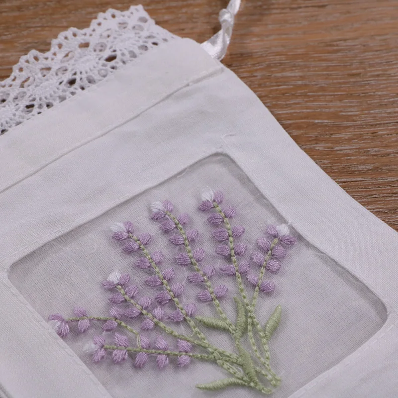 B011 White ramie cotton 12pieces embroidery Lavender gift bags Lace edge Storage bags 5x7 inches sachet bags, travel pouch