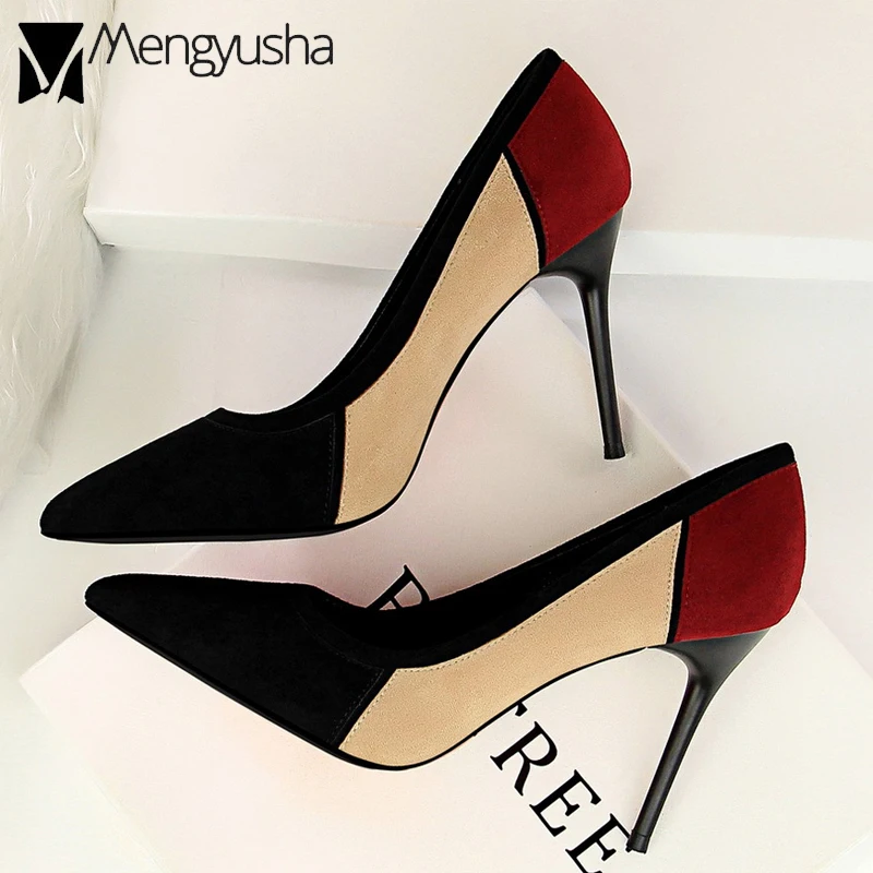 

mixed color velvet high heels shoes sexy pointed toe pumps party dress shoes 2018 shallow mouth single shoes women zapatos mujer