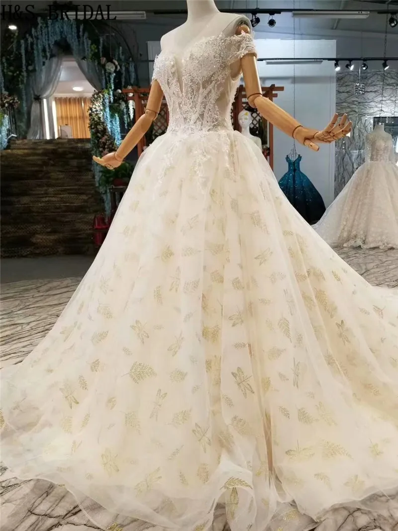H & S свадебные платья шампанского кружева с открытыми плечами свадебное платье Элегантное vestido de noiva 2019