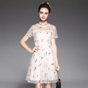 

Summer Women beautiful mesh embroidery flare dress hollow out elegant party dress plus size pinched waist vestidos L-XXXXXL 5581
