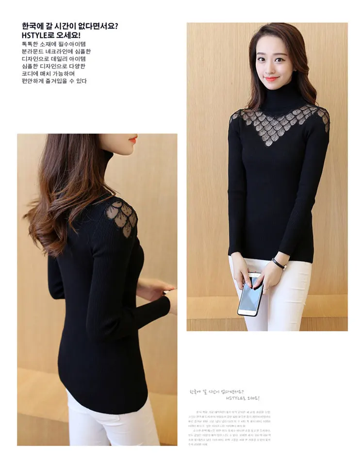 2019 Women Sweater Pullovers Soft Lace Knitted Sweater Ladies Jumper Diamond Pattern Long Sleeve Turtleneck Pullovers Femme Hiver (7)
