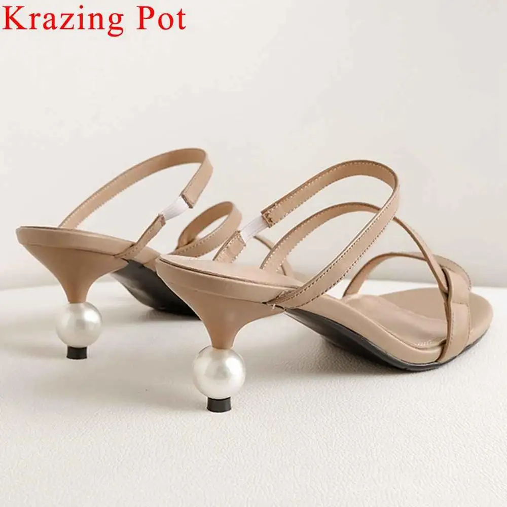 

Krazing Pot art design pearl high heels slip on streetwear women sandals peep toe mules cow leather nightclub dancer shoes L13