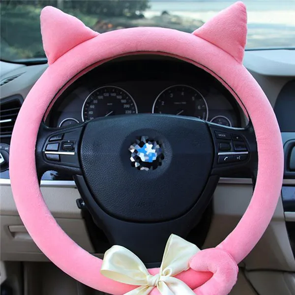 Ciliken чехол на руль hello kitty Автомобильные аксессуары короткий плюшевый теплый зимний чехол на руль для женщин с ручкой - Название цвета: Розовый