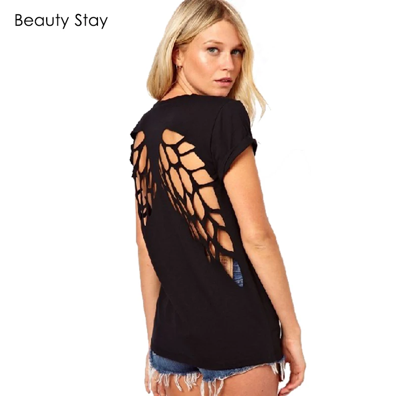 BeautyStay Angel Wings Laser Engraving Female T shirts Party Sexy Hollow Out Casual Women Summer