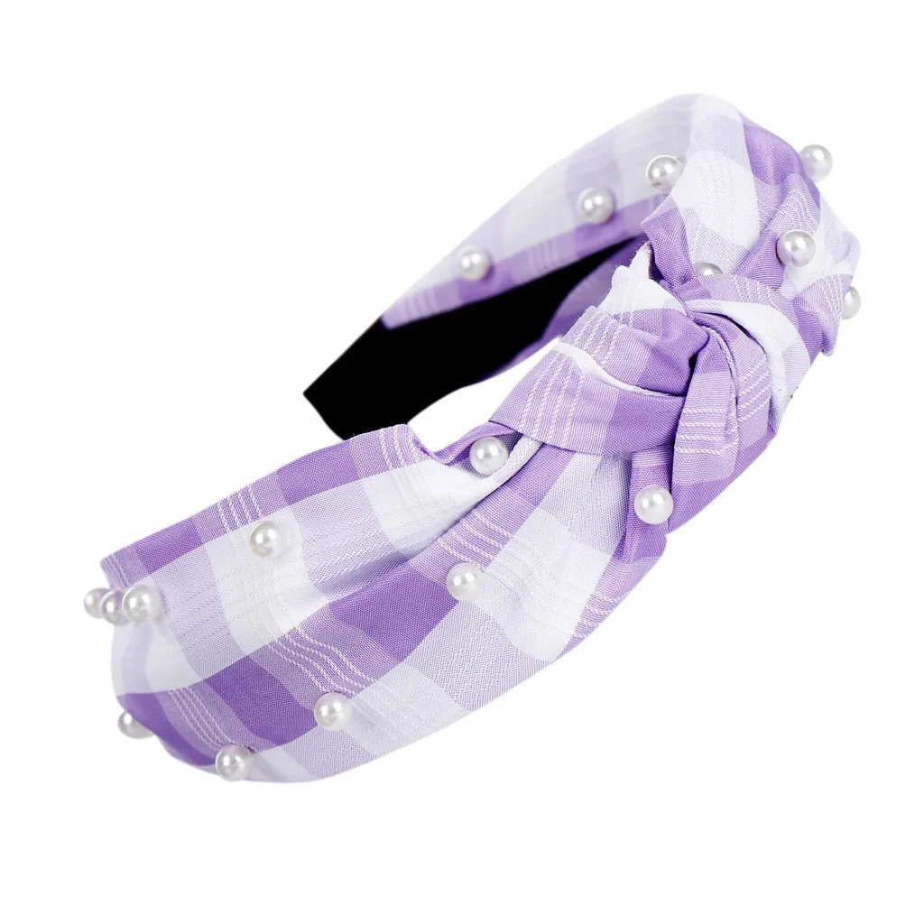Для женщин девочек Алиса волос жемчужным бисером и бантом повязка на голову обруч пляжного отдыха бандана на каждый день вечерние свадебная диадема крест тюрбан диадемы# s - Цвет: Purple
